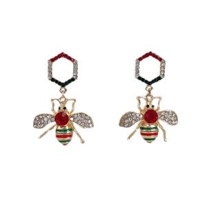 Lux Gold Bumble Bee Dangle Statement Earrings Red and Green
